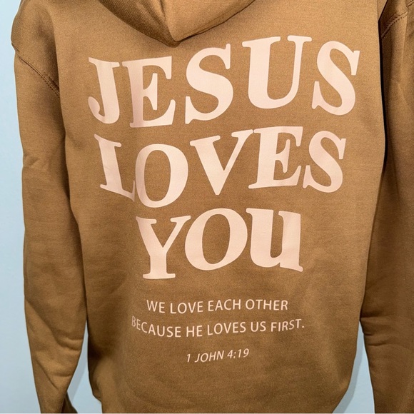 Jesus Loves You Hoodie M/L Brown Inspirational Bible Casual Trendy Christian - Picture 4 of 9